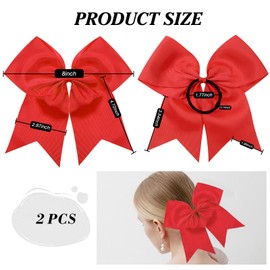 TUUXI 2pcs Large Cheer Bows 8 Inch Red Cheerleading Bows with Elastics Hair Ties Bands Ponytail Holder for Cheerleader Softball Football Competition College Sport