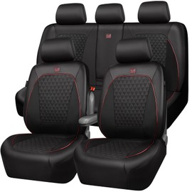 CAR PASS Leather Car Seat Covers Gel Wetsuit PU Full Set Seat Covers Waterproof EVA All Weather Neoprene Universal Fit Pickup SUV Truck Sedan Automotive, Armrest Airbag Compatible, Rhombic Red Strip