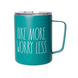 Rae Dunn HIKE MORE WORRY LESS Insulated Stainless Steel WINE GLASS TUMBLER CUP - 12 oz / 355 ml - BPA Free - Plastic lid with slide-lock opening