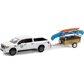 Greenlight 32230-A Towing Hitch & Towing Hitch Series 23 - 2019 Titan XD Pro-4X "Whitewater Canoe Rental" with Canoe Trailer with Canoe Holder, Canoe and Kayak Scale 1/64