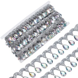 FINGERINSPIRE 9.1 m 39 mm Wide Fringe Lace with Hanging Beads, Polyester Sewing Fringe, Tassel Trim, Silver Trim with Crystal Pendant, for Sewing Cafes, Wedding and Party Decoration