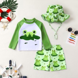 Toddler Baby Boy Swimwear Long Sleeve Rashguard Swimsuit with Sun Hat Cartoon Animal Bathing Suit(Frog,12-18M)