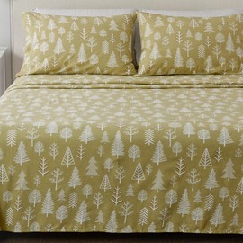 Flannel Sheet Set King Size - 100% Turkish Cotton, Double-Brushed, Printed Bed Sheets - Ultra-Soft, Cozy, 4-Piece Bedding Set (Winter Forest - Sage/Red)