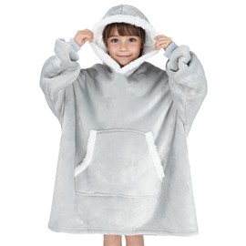 IvyH Oversized Wearable Blanket Hoodie, Fleece Blanket Hoodie for Girls Cozy and Warm Oversized Blanket for Kids, Soft Sherpa Hoodie Blanket with Giant Pocket One Size Fits Kids(Light Grey)