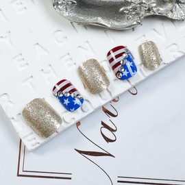 24Pcs 4th of July Press on Nails Short Square Fake Nails with Red Blue Star American Flag Design Glitter Gems False Nails Silver Full Cover Glue on Nails Independence Day Stick on Nails for Women DIY