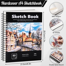 A4 Hardcover Sketchbook, 60 Sheets Spiral Sketch Book, 160gsm Thick Paper Sketch Pad, Art Book Drawing Pad for Sketching, Drawing, Artist, Gift