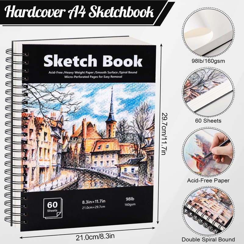 A4 Hardcover Sketchbook, 60 Sheets Spiral Sketch Book, 160gsm Thick