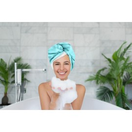 2-in-1 Shower Cap & Hair Towel Wrap for Women - Lightweight Towel Wrap with Elastic Loop for hair Drying & Conditioning - Ideal for All Hair Types, Comfortable & Easy to Use (Aqua)