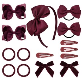 DEEKA Burgundy Uniform Hair Accessories Set, 15 Pieces - Hair Bows, Hair Clips, Headband, Hair Ties for Little Girls - School, Parties, Birthdays, Festive Celebrations