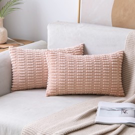 MIULEE Pack of 2 Corduroy Throw Pillow Covers Soft Decorative Boho Striped Cushion Covers Farmhouse Home Decor Pillowcase for Spring Sofa Living Room Couch Bed 12x20 Inch Pink