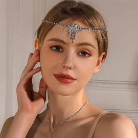 JONKY Bride Wedding Crystal Head Chain Jewelry Silver Sparkly Rhinestone Forehead Chain Tassel Bridal Headband for Women and Girls