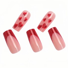 BFY Valentine's Day Press-on Nails: Medium Coffin Shapes, Red Glitter French Hearts, Acrylic Nails Set, Glue-on, Nude Glossy False Nails, 24 Pcs