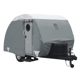Classic Accessories Over Drive PolyPRO3 Deluxe Teardrop Trailer Cover, Fits 10' - 12', Tear-Resistant, Travel Trailer Storage Cover, Compatible with R-Pod Trailers, Clamshell Trailers, Grey/White