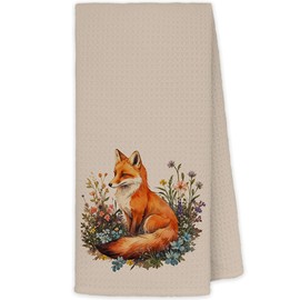 JINYO Floral Fox Kitchen Towels, Foxs Decor Tea Dish Towels for Kitchen, Foxs Bathroom Kitchen Decor, Fox Decorations for Home, 16x24 Inch（Beige）