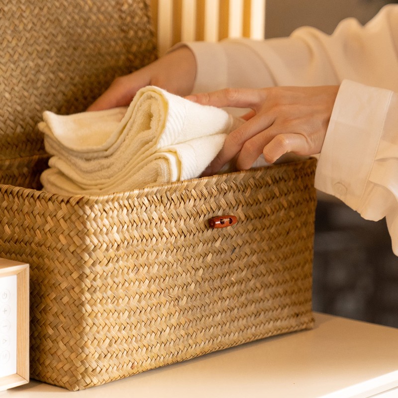 4 Pack, Wicker Baskets with Lids, Nautral Seagrass Storage Baskets,