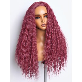 GORGIUS Burgundy Water Wave Lace Front Wigs Pre Cut Glueless Synthetic Long Wig Middle T Part 22 Inch