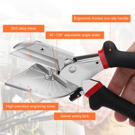 Miter Shears - 45 to 135 Degree Multi Angle Trim Cutter - with Safety Lock Hand Tools and 12 SK5 Alloy Spare Blades - Mitre Shears Angle Cutter for Cutting PVC Wire Duct Beading Wood Moulding Plastic