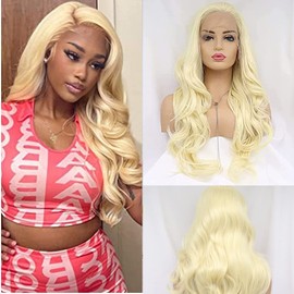 Xiweiya Wigs Blonde Lace Front Wig Long Body Wave 613# Golden Yellow Wig Synthetic Heat Resistant Fiber Middle Parting for Women Cosplay Makeup Party 24 Inches