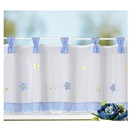 heimtexland Country Chic Net Curtain Spring Gingham Check Blue Tab-Top Bistro Country House with Flowers Embroidered H x W 45 x 150 cm – Very Nice Fall... Unpack, Hang Up, Done! Type 78 (Blue)