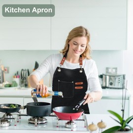 Rattmety Chef Apron for Men Women, Adjustable Canvas Apron with Large Pockets Cross Back Heavy Duty Work Aprons Cooking Chef Apron for BBQ Gardening Baking Painting, Black