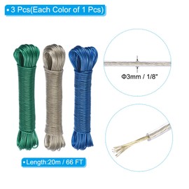 PATIKIL Plastic Coated Clothesline, 2 Pack 1/8 Inch x 66 FT Extra Strong Steel Core Clothes Lines Wire for Drying Clothes, Outside Hanging, Clear Blue