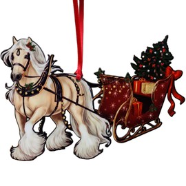 Gypsy Vanner Horse Sleigh Christmas Ornament, Equestrian Holiday Decor, Gypsy Cob Horse Gifts for Women (Palomino)