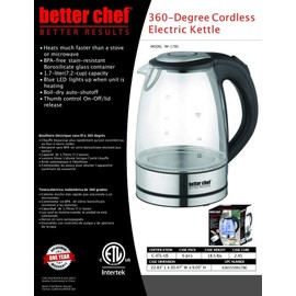 Better Chef Cordless Electric Kettle | 7-Cup Borosilicate Glass | LED Light | Thumb On-Off and Lid Open | 360-deg Swivel Base | Auto Boil-Dry Shut-Off | Stainless