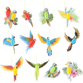 Dewocke Pack of 12 Tropical Birds Decorations, Tissue Paper Parrot Decoration, Parrot Jungle Decoration, Hawaiian Summer Tropical Party Decorations Accessories, Party Tissue Paper Hanging Decorations