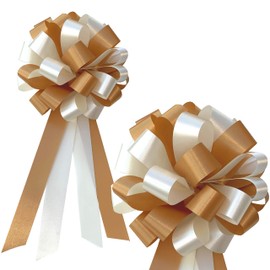 Gold & Ivory Pull Bows - 8" Wide, Set of 6, Wedding Pew Bows, Fall, Christmas, Reception, Anniversary, Birthday, Party Decoration, Gift Basket, Presents, Classroom, Fundraiser, Office