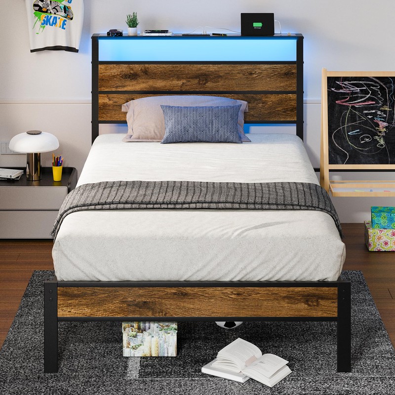Liians Twin Bed Frame with Storage Headboard USB Charging Station,