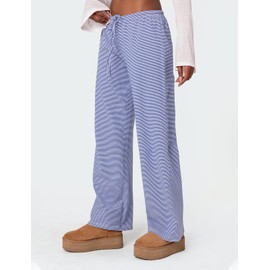 Ugerlov Women's Wide Leg Striped Pants Casual Drawstring Elastic Low Rise Pajama Pants Lounge Wear Trousers, Blue S