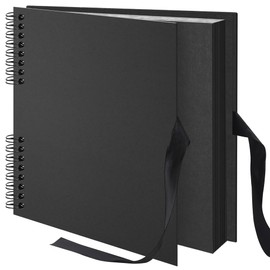 Remowith 12x12 inch Scrapbook Photo Album DIY Picture Book 80 Pages, Thick Kraft Paper Scrap Book Album with Silk Ribbon Wedding Guest Book Memory Book for Baby, Family, Travel ((Black)