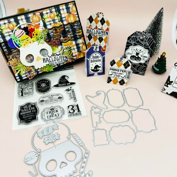 Alinacutle 1PC Halloween Stamp Clear Stamp &1PC Frame Tag Die