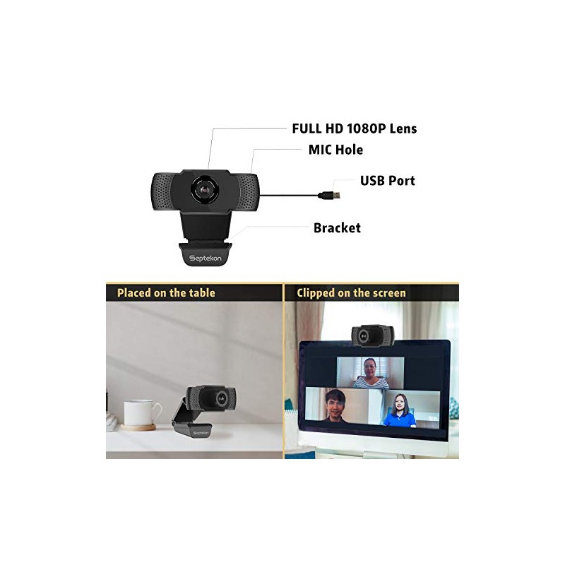 Septekon Cámara Web HD 1080P con micrófono, cámara Web de