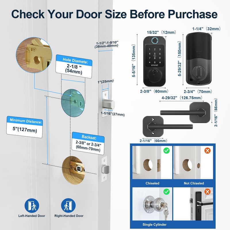 Keyless Door Lock with Handle Set - SMONET WiFi Fingerprint