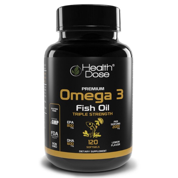 Health Dose Premium Omega 3 Fish Oil. Triple Strength. Lemon Flavor. 120 Softgel