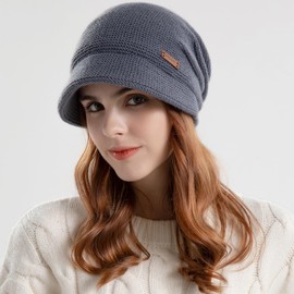 Enwokran Women Winter Knit Visor Hat Fleece Lined Warm Pullover Beret Hat, Newsboy Cap with Brim Cloche Ear Protection Hat for Women (Dark Gray)