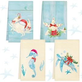 Remagr 4 Pcs Christmas Coastal Sealife Kitchen Towels 18 x 26 Inches Xmas Themed Ocean Decorative Christmas Dish Coastal Towels for Kitchen Bathroom Decor Gifts