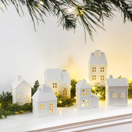 Blueweenly 16 Pcs Ceramic Christmas Village Sets Include 6 White Porcelain Village Town Houses 9 Christmas Trees and 50 LED Light with Remote Control for Xmas Scene Holiday Mantle Desktop Decoration