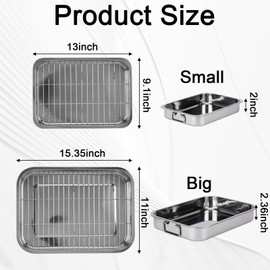 2 Pcs 13"15.4" Stainless Steel Roasting Pans with Handles, Baking Pan for Oven Includes 2 Flat Racks, Dishwasher Safe Rectangular Lasagna Pan for Turkey, Chicken and Roasting, Silver