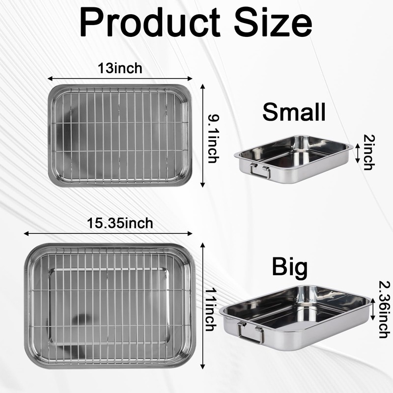 2 Pcs 13"15.4" Stainless Steel Roasting Pans with Handles, Baking