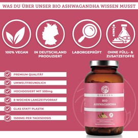 QIDOSHA® Organic Ashwagandha Capsules, Test Winner 08/23*, 1500 mg per Daily Portion, 240 Capsules in Glass, Ashwagandha High Dose, Withania Somnifera (Sleep Berry), Laboratory Tested, Vegan