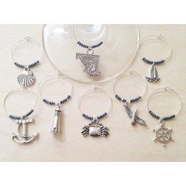 Maryland Nautical Themed Wine Charms, Beach Gift for Marylander, Chesapeake Bay, Set of 4 to Set of 8