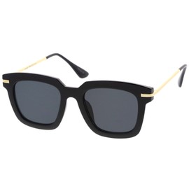 zeroUV Oversize Slim Metal Temple Square Lens Horn Wayfarer Sunglasses, Black Gold / Smoke, 50 mm