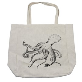 Lunarable Octopus Shopping Bag, Hand Drawn Image of Octopus Marine Wildlife Nature Print Nautical Themed Artwork, Eco-Friendly Reusable Bag for Groceries Beach and More, 15.5" X 14.5", Cream