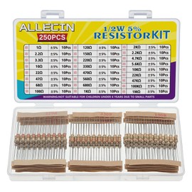 ALLECIN 25 Values 1/2W Resistor Assortment 5% Tolerance 1 Ohm to 1M Ohm 1/2 Watt Carbon Film Resistors Set 1/2 W Resistor Kit Carbon Film Resistor