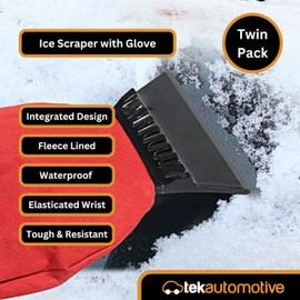 Tek Automotive Ice Scraper with Waterproof Glove – Twin Pack, Fleece Lined, Tough Blade for Ice & Snow Removal, Universal Fit, Winter Car Essentials, Car Windscreen Scraper, Car Accessories