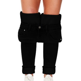 Women's Fleece Lined Jeans Thermal Flannel Lined Jeans Winter Warm Thicken Skinny Stretch Denim Pants (Black, US 16)