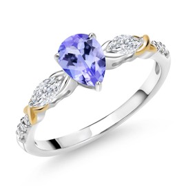Gem Stone King 925 Silver 10K Yellow Gold Pear Shape Blue Tanzanite White Moissanite and White Lab Grown Diamond Engagement Ring For Women (0.95 Cttw, Gemstone December Birthstone, Size 8)