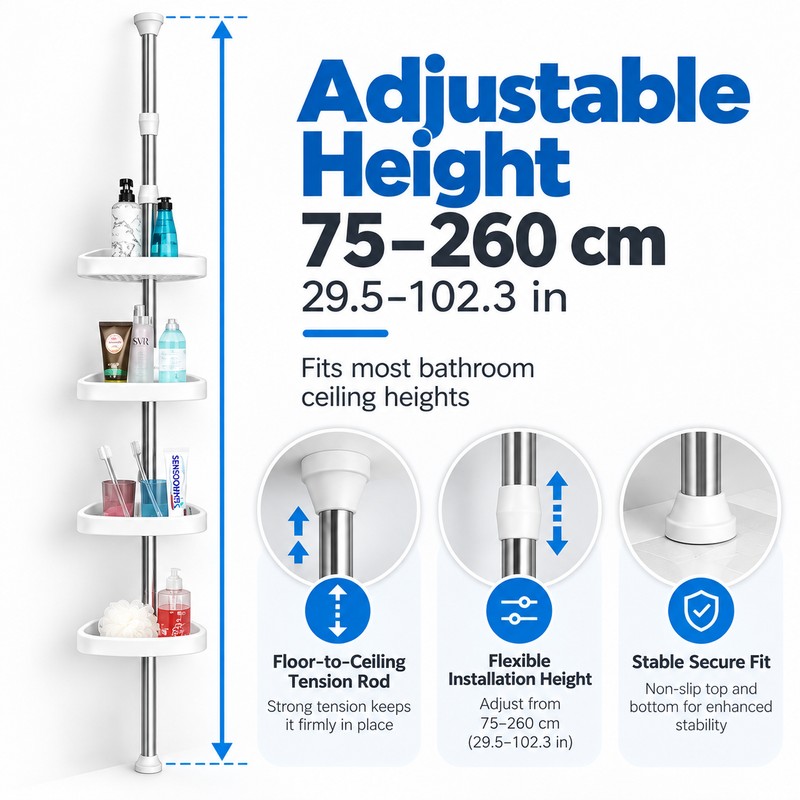 4-Tier Corner Shower Organizer for Bathroom Storage – Adjustable Tension